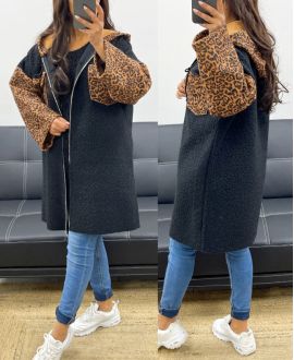 OVERSIZED FLEECE HOODED OVERSIZED JACKET WITH LEOPARD AH250896 BLACK