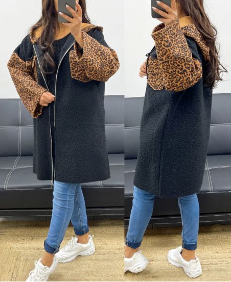 OVERSIZED FLEECE HOODED OVERSIZED JACKET WITH LEOPARD AH250896 BLACK