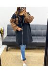 OVERSIZED FLEECE HOODED OVERSIZED JACKET WITH LEOPARD AH250896 BLACK