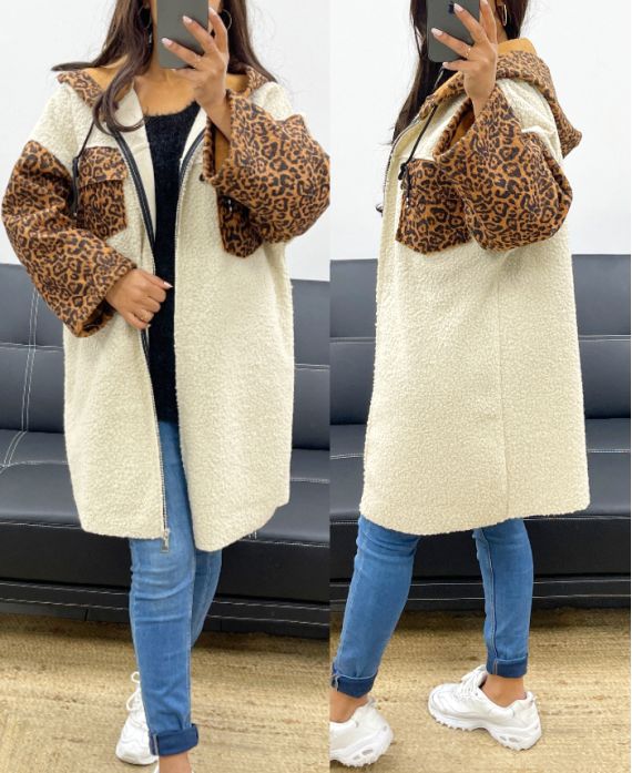 OVERSIZED FLEECE JACKET WITH LEOPARD HOOD WITH ZIP AND AH250896 ECRU