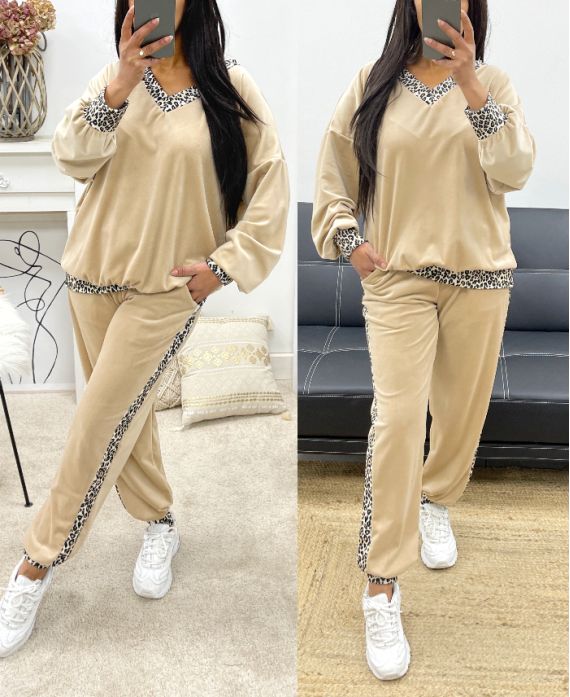 VELVET V-NECK SWEATER PANTS POCKET PANTS SET AH250996 BEIGE