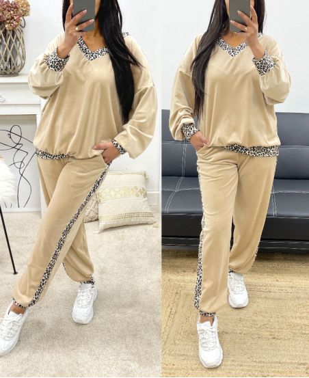 VELVET V-NECK SWEATER PANTS POCKET PANTS SET AH250996 BEIGE