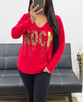 ROCKOWY SWETER FLOKOWANY AH250969 CZERWONY