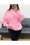 CROSS-BODY NECK SWEATER AH250125 CANDY PINK ECRU