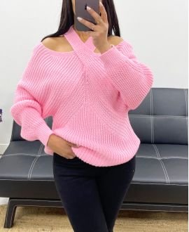 CROSS-BODY NECK SWEATER AH250125 CANDY PINK ECRU