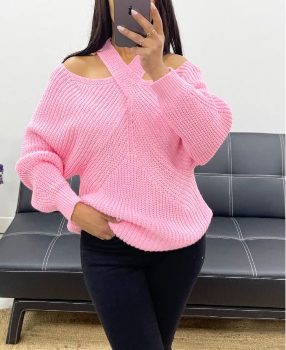 CROSS-BODY NECK SWEATER AH250125 CANDY PINK ECRU