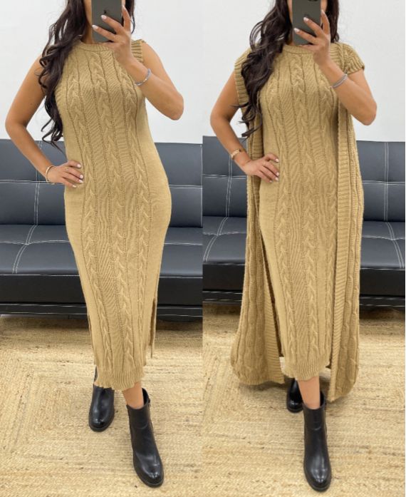 DRESS + CABLE CARDIGAN SET AH250506 CAMEL