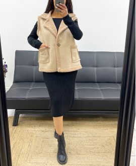 KURZE ÄRMELLOSE WILDLEDERJACKE MOUMOUTE AH250521 BEIGE