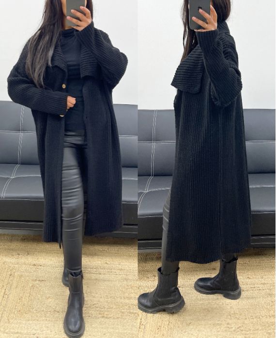 LONG VEST WITH LARGE COLLAR AH250866 BLACK