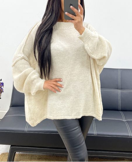 OVERSIZED TOPSTITCHED SWEATER AH250533 BEIGE