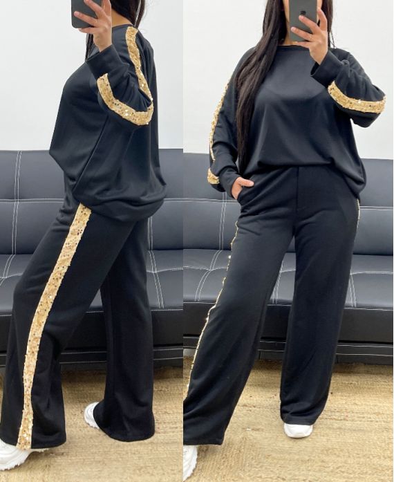 SWEATSHIRT + TROUSERS SET WITH SEQUIN STRIPE AH250541 BLACK