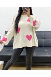 OVERSIZED TOPSTITCHED SWEATER WITH HEART AH250574 BEIGE