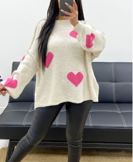 OVERSIZED TOPSTITCHED SWEATER WITH HEART AH250574 BEIGE