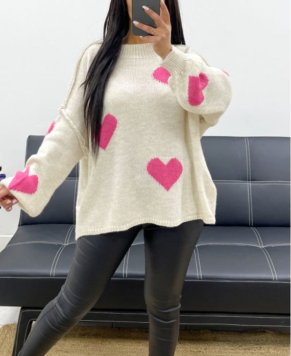 MAGLIA OVERSIZE IMPUNTURATA CON CUORE AH250574 BEIGE