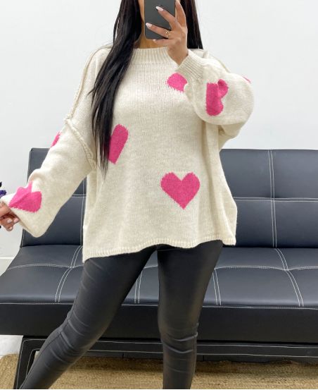 OVERSIZED TOPSTITCHED SWEATER WITH HEART AH250574 BEIGE