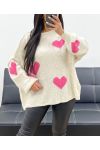 OVERSIZOWY SWETER Z SERDUSZKIEM AH250574 BEŻOWY