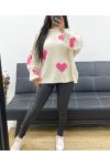 OVERSIZED TOPSTITCHED SWEATER WITH HEART AH250574 BEIGE