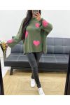 OVERSIZED TOPSTITCHED HEART PULLOVER AH250574 MILITARY GREEN