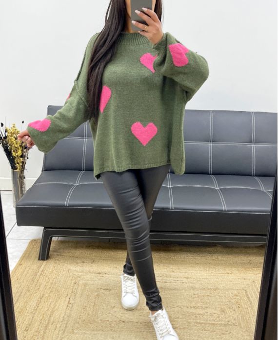 OVERSIZED TOPSTITCHED HEART PULLOVER AH250574 MILITARY GREEN