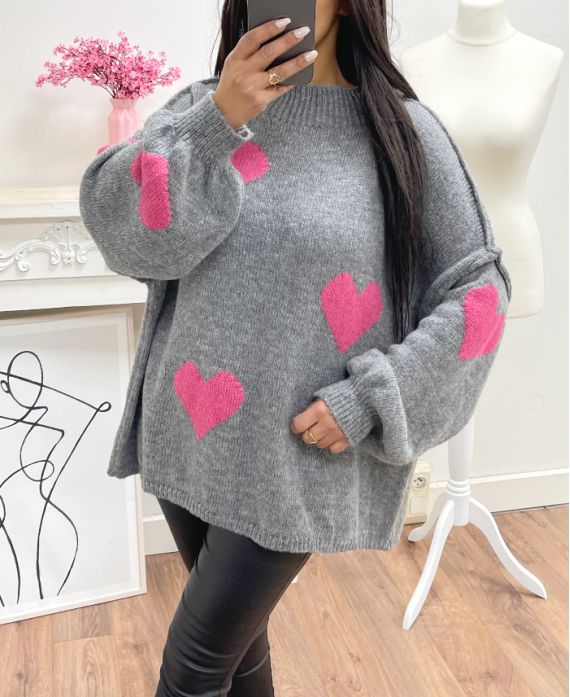 MAGLIA OVERSIZE CON IMPUNTURA A CUORE AH250574 GRIGIO