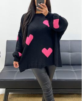 OVERSIZED SWEATER WITH HEART STITCHING AH250574 BLACK