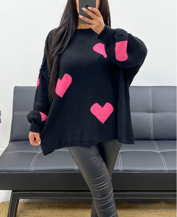 MAGLIA OVERSIZE CON CUCITURE A CUORE AH250574 NERO