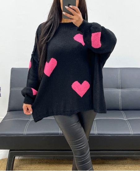 PULLOVER OVERSIZE SURPIQURE COEUR AH250574 NOIR