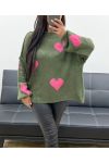 PULLOVER OVERSIZE CON IMPUNTURE A CUORE AH250574 VERDE MILITARE