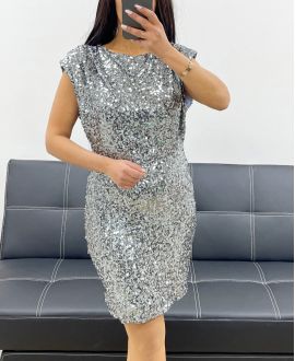 SEQUIN DRESS WITH SHOULDER PADS AH250556 SILVER