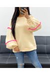 EMBROIDERED AH250606 BEIGE FLEECE SWEATSHIRT