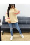 EMBROIDERED AH250606 BEIGE FLEECE SWEATSHIRT