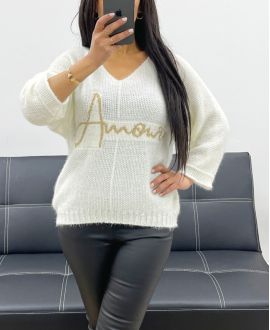 PULLOVER COURT AMOUR LUREX MANCHES 3/4 AH250665 BLANC