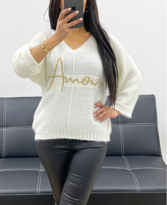 LOVE LUREX KRÓTKI SWETER Z RĘKAWEM 3/4 AH250665 BIAŁY