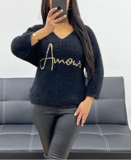 PULLOVER COURT AMOUR LUREX MANCHES 3/4 AH250665 NOIR