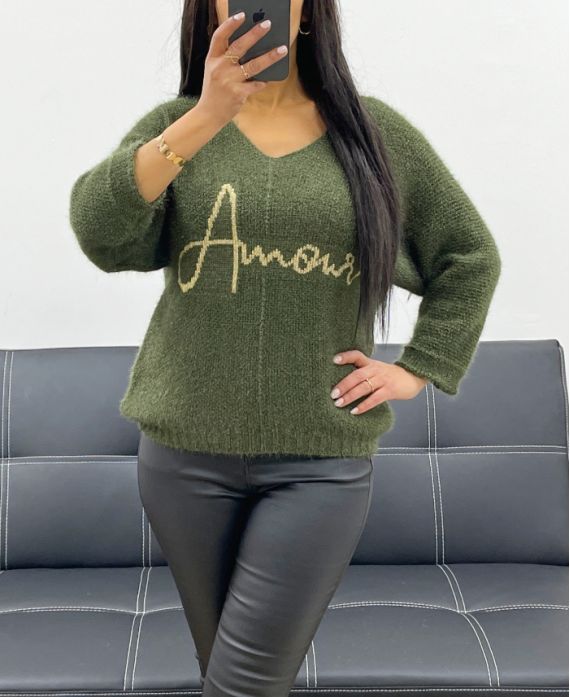 PULLOVER COURT AMOUR LUREX MANCHES 3/4 AH250665 VERT