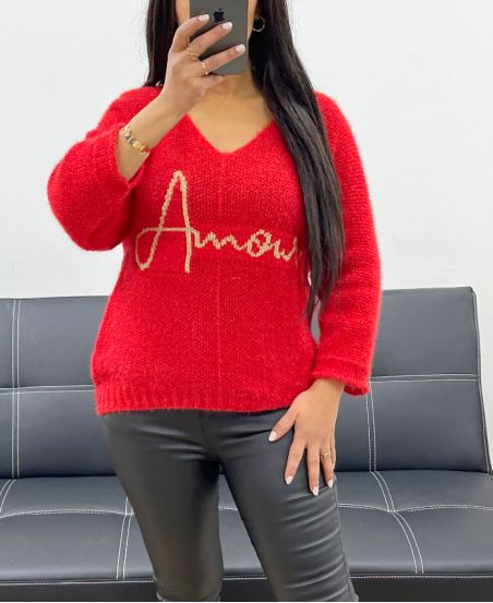 LOVE LUREX KRÓTKI SWETER Z RĘKAWEM 3/4 AH250665 CZERWONY