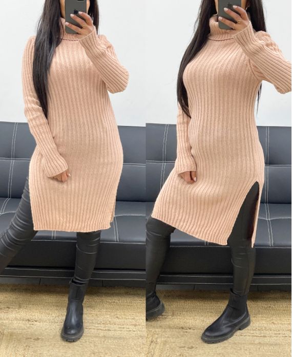 LONG RIBBED SWEATER WITH SLITS AH250669 PINK