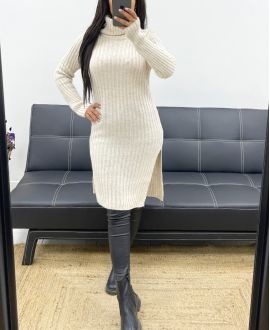 RIBBED LONG SWEATER WITH SLITS AH250669 BEIGE