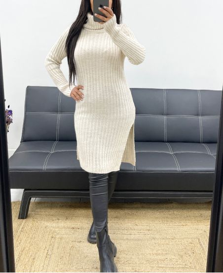 RIBBED LONG SWEATER WITH SLITS AH250669 BEIGE