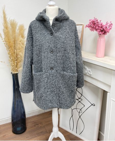 CAPPOTTO CON CAPPUCCIO IN MORBIDO PELO GRIGIO AH250616