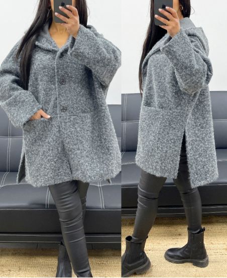 CAPPOTTO CON CAPPUCCIO IN MORBIDO PELO GRIGIO AH250616