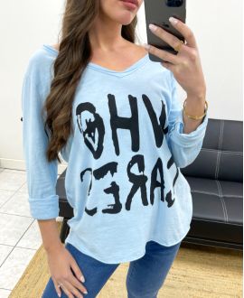 CAMISETA DE ALGODÓN "WHO CARES" SS341 AZUL CIELO