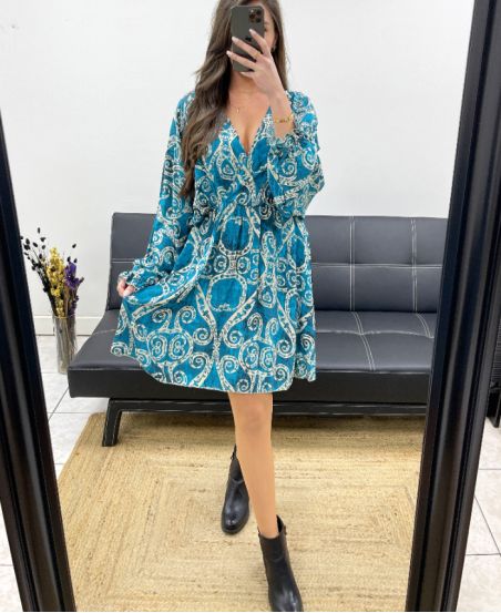 PE0743 BLUE VISCOSE PRINT DRESS