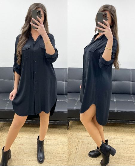 PE0702 BLACK FLOWING SHIRT DRESS