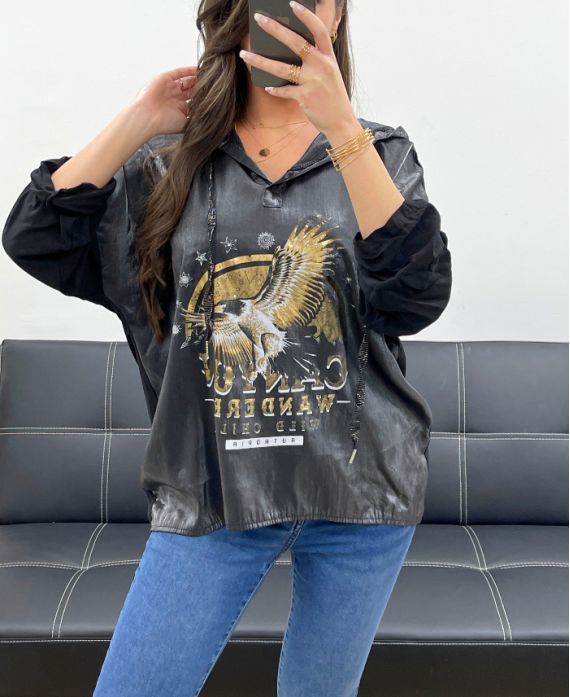 SUDADERA CON CAPUCHA EAGLE EFECTO METALIZADO PE0707 NEGRO