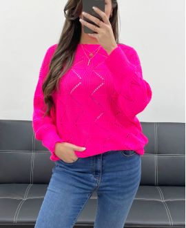 PE0838 FUSHIA DURCHBROCHENER PULLOVER