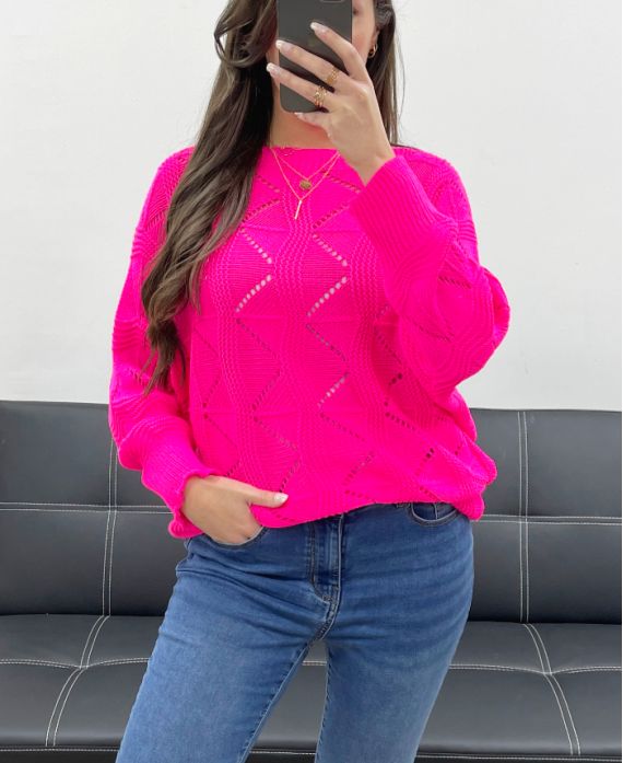 PE0838 FUSHIA DURCHBROCHENER PULLOVER