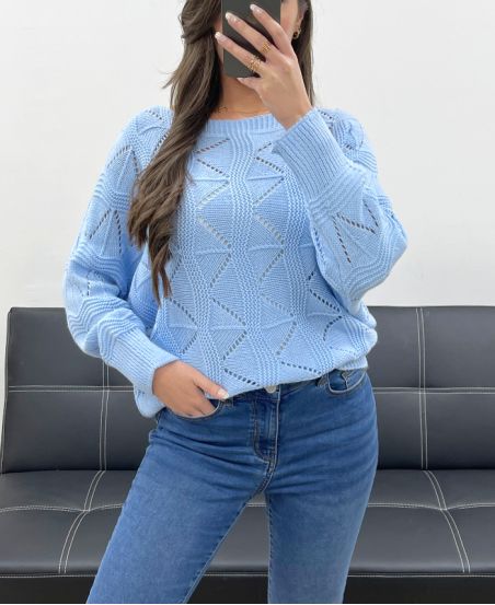 DURCHBROCHENER PULLOVER PE0838 HIMMELBLAU