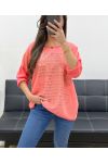 TWO-MATERIAL T-SHIRT WITH GOLD WRITING PE0798 CORAL