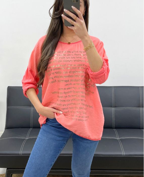 TWO-MATERIAL T-SHIRT WITH GOLD WRITING PE0798 CORAL